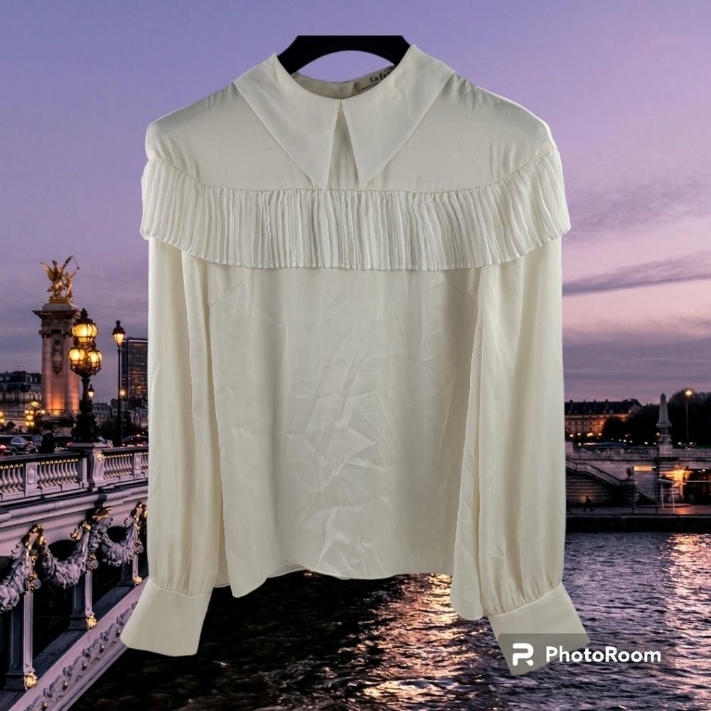 La Feta Paris offwhite sheer collar pleated ruffle blouse Persian size 38 US 8